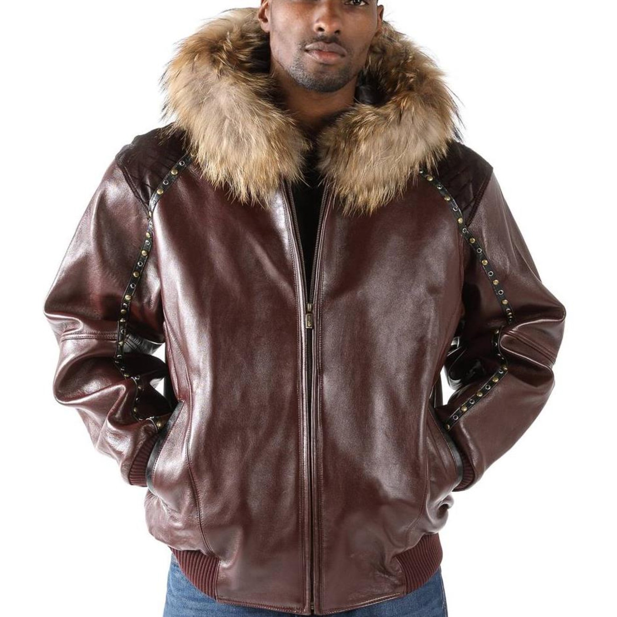 Premium Brown Pelle Pelle Cowhide Leather Jacket for Men | Fur Collar Bomber Style with Rivet Detailing and Full Zipper