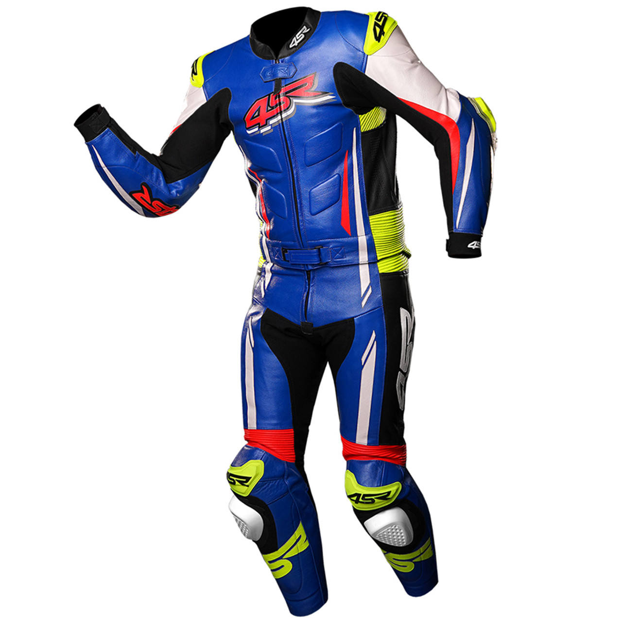 Custom one-piece cowhide motorcycle racing suit with genuine leather construction, track-focused styling, knee sliders and made-to-measure sizing