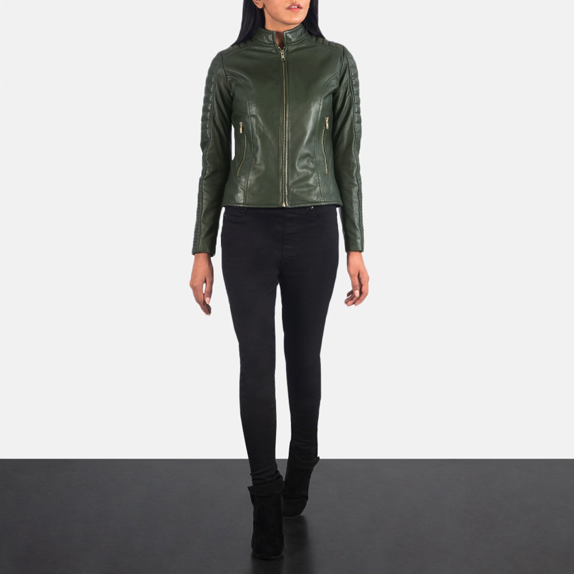Adalyn quilted green leather biker jacket front view