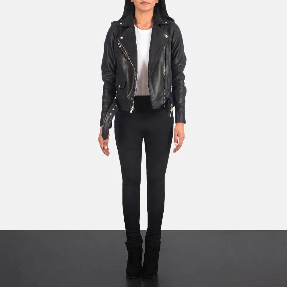 Alison black leather biker jacket front view