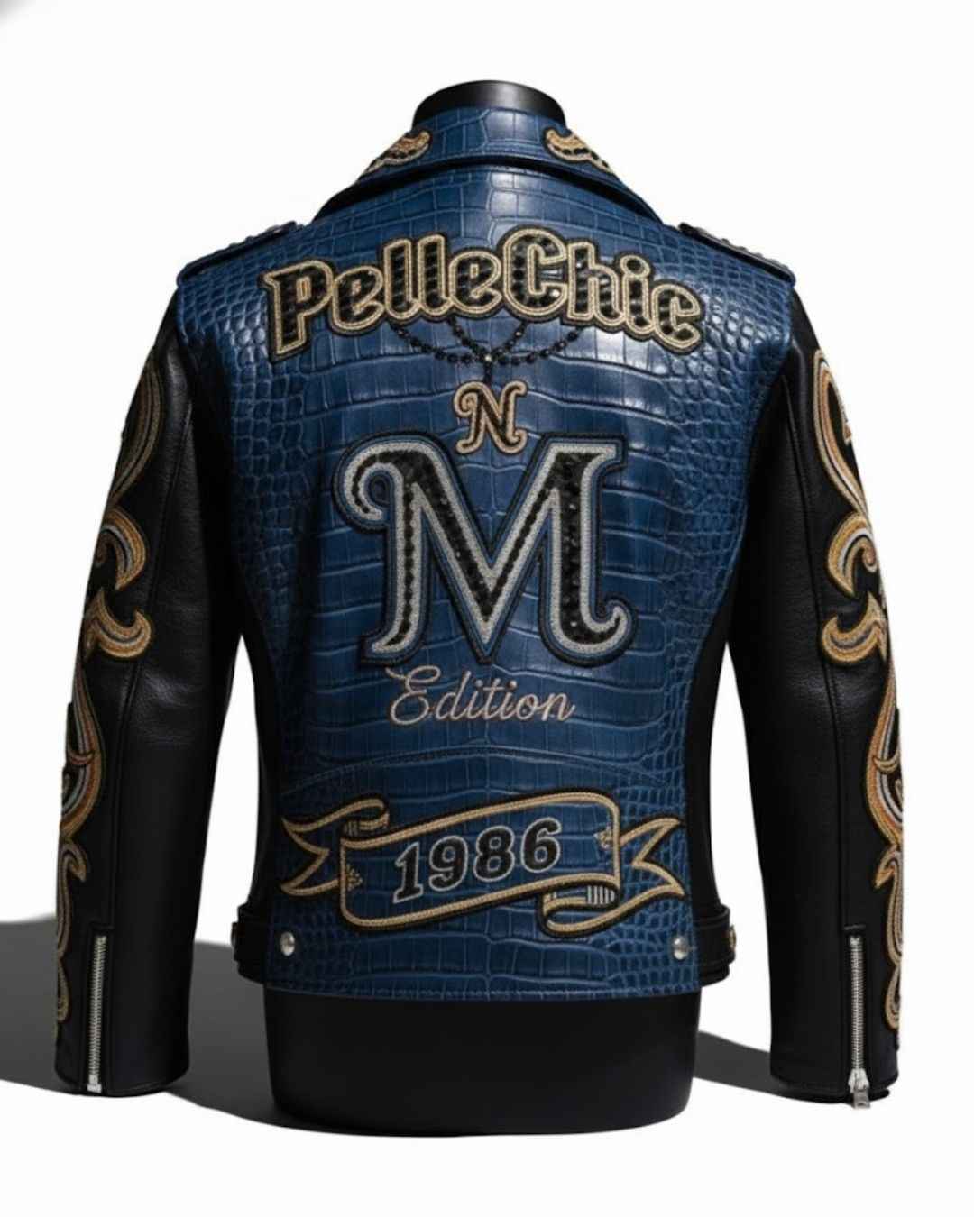 PelleChic™ Blue Croco-Embossed Biker Jacket – Elite “M” Edition 1986 Luxury Series (Copy)