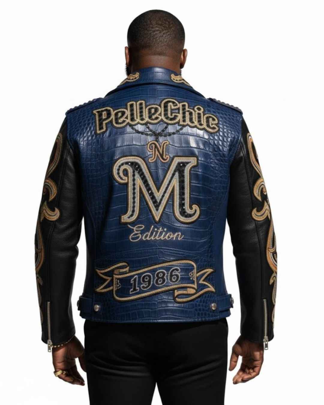 PelleChic™ Blue Croco-Embossed Biker Jacket – Elite “M” Edition 1986 Luxury Series (Copy)
