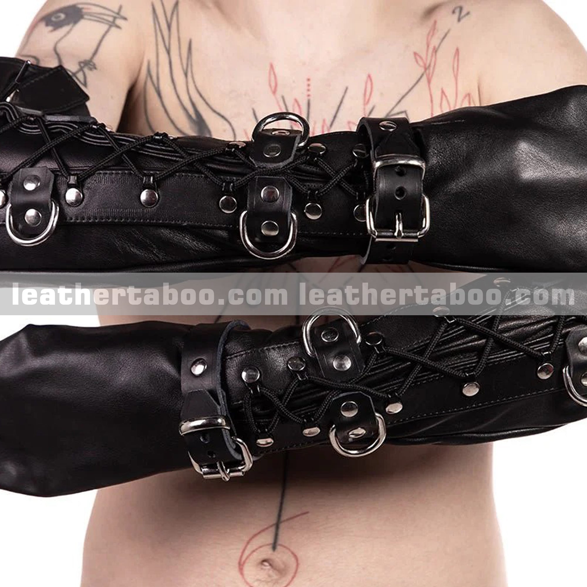 Premium Cowhide Leather Full Arm Bondage Sleeves with Buckles & D-Rings
