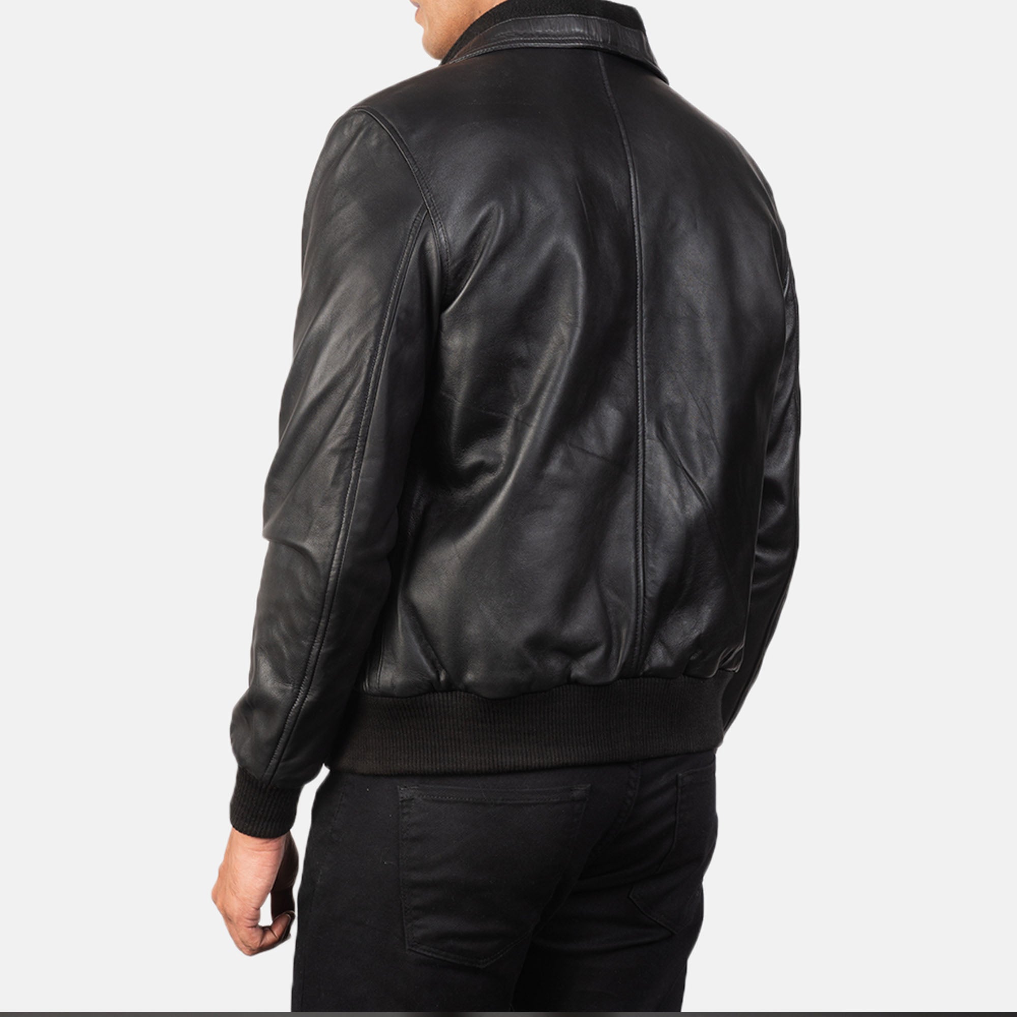Back view black bomber leather jacket men fashion look 