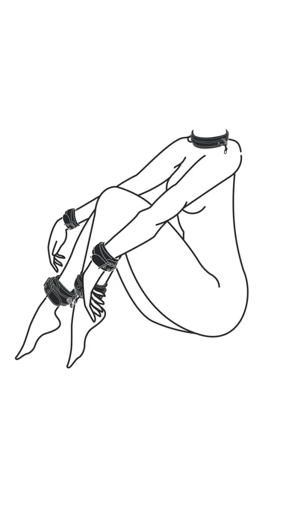 Line illustration showing a collar and four cuffs positioned on a seated figure, supplied as a visual reference for the leather cuff set.