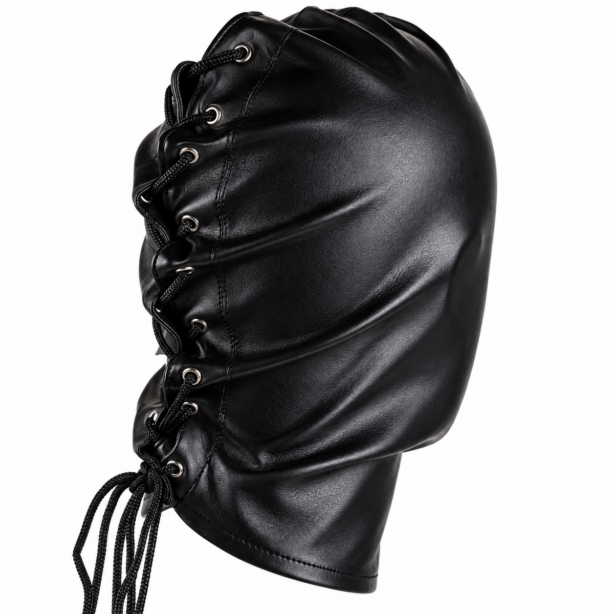Profile view of black leather lace-up hood with a smooth covered panel, silver-tone eyelets, hanging black cords and stitched lower edge.
