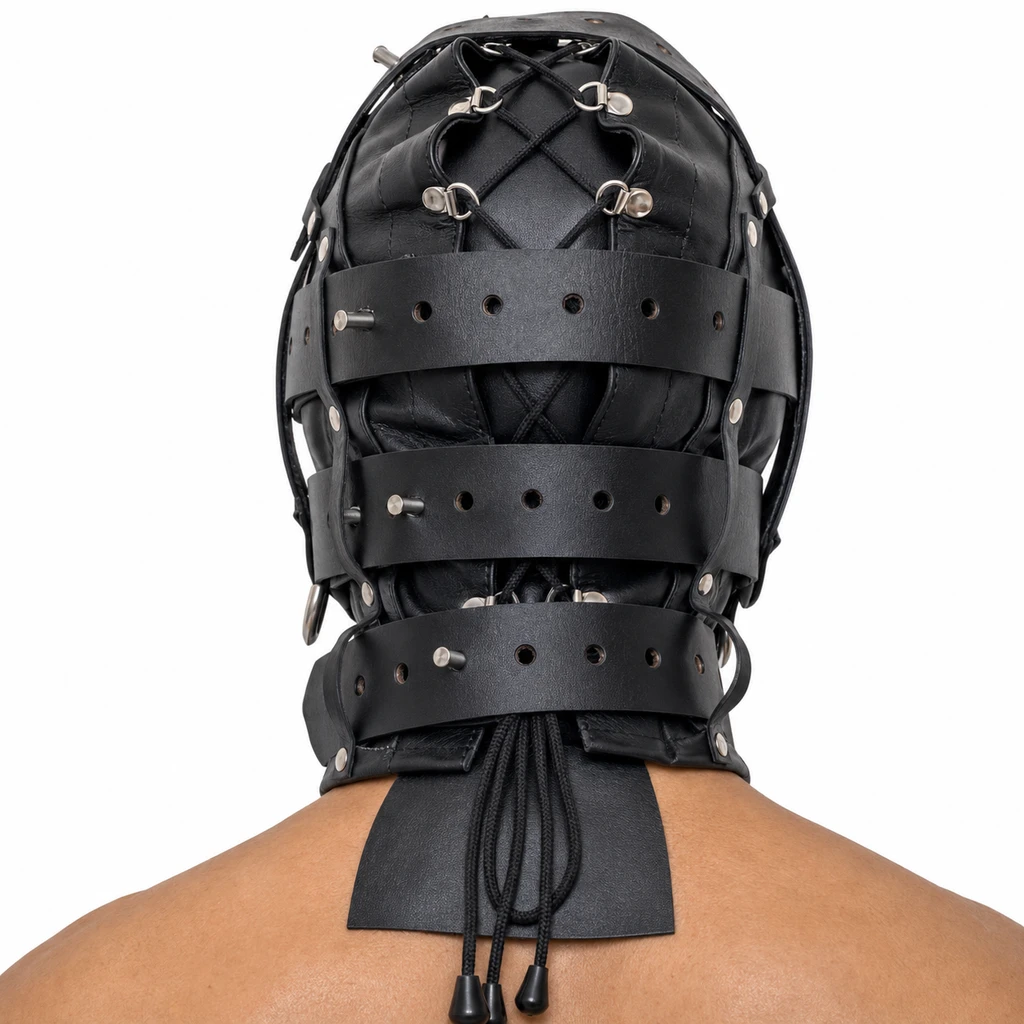 Rear view of a black leather hood showing cord lacing through metal loops, three adjustable horizontal straps and a black crown strap.