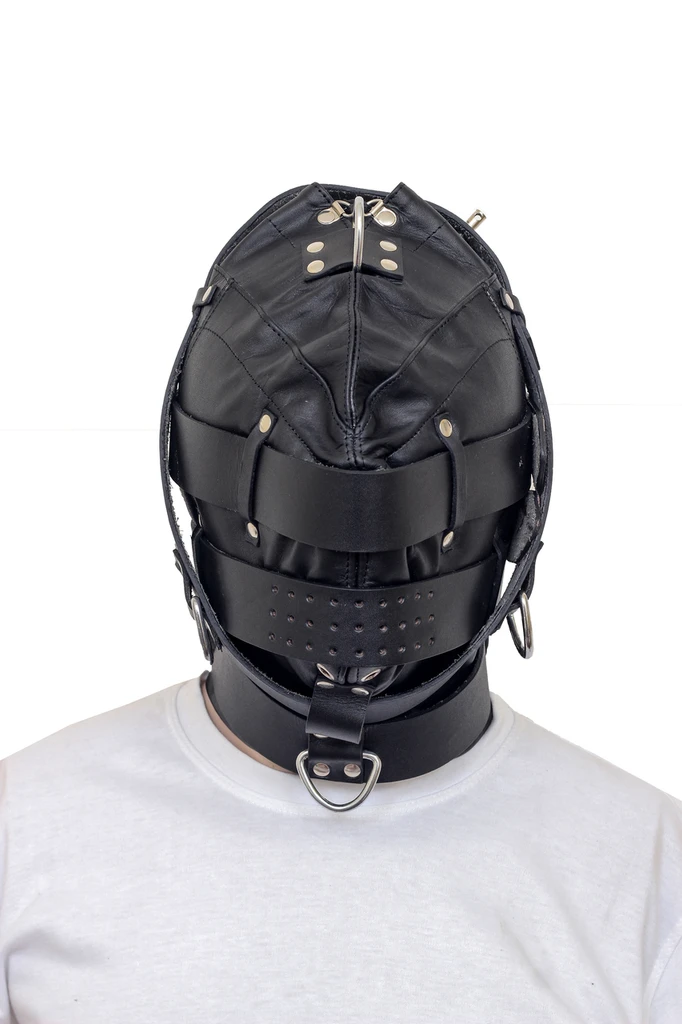 Front view of a black leather hood with a broad covered eye band, perforated lower face band, crown ring and layered adjustable straps.