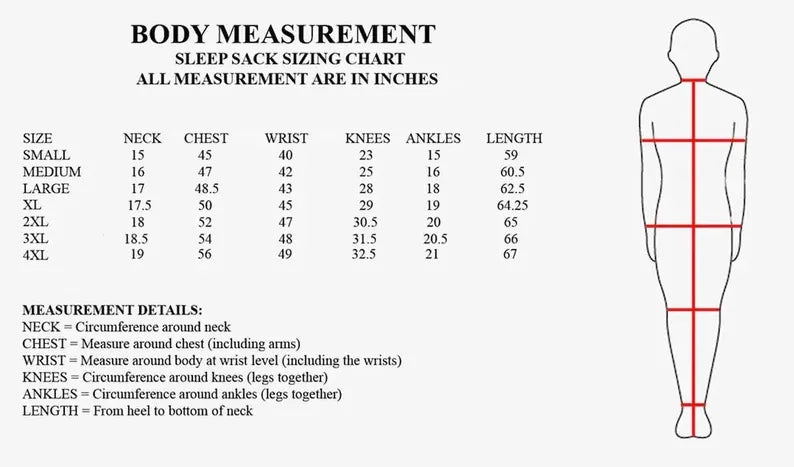 Leather sleep sack measurement chart in inches for Small through 4XL, showing neck, chest, body at wrist level, knees, ankles and length.