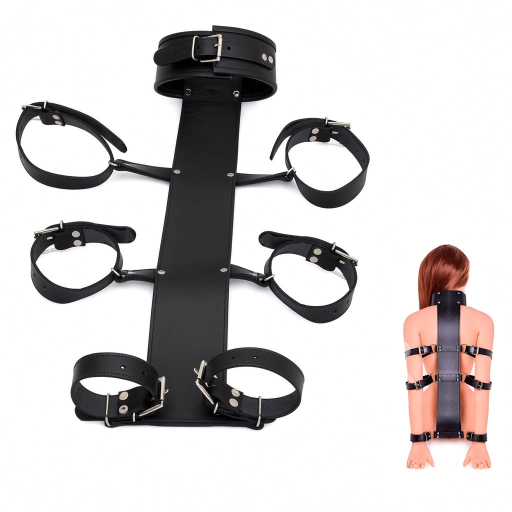 Black leather arm binder harness with broad collar, long back panel and three pairs of buckle cuffs, shown flat with an inset rear wearing view.