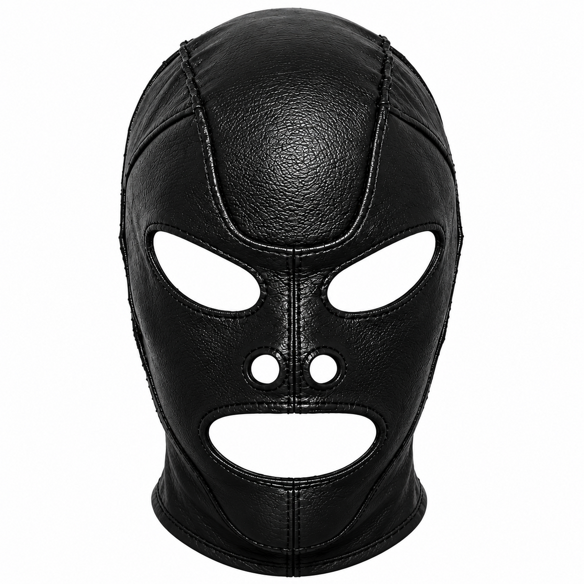 Black leather balaclava mask front view showing shaped eye openings, two round nose holes, wide mouth opening and stitched panel construction.