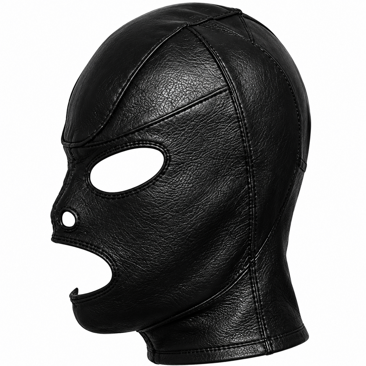 Profile view of a black leather balaclava mask with eye, nose and mouth openings, curved crown seams and an extended neck section on white.