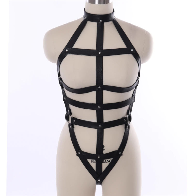 Front view of black leather cage body harness on a mannequin with a neck collar, central vertical strap, horizontal bands and silver-tone rivets.