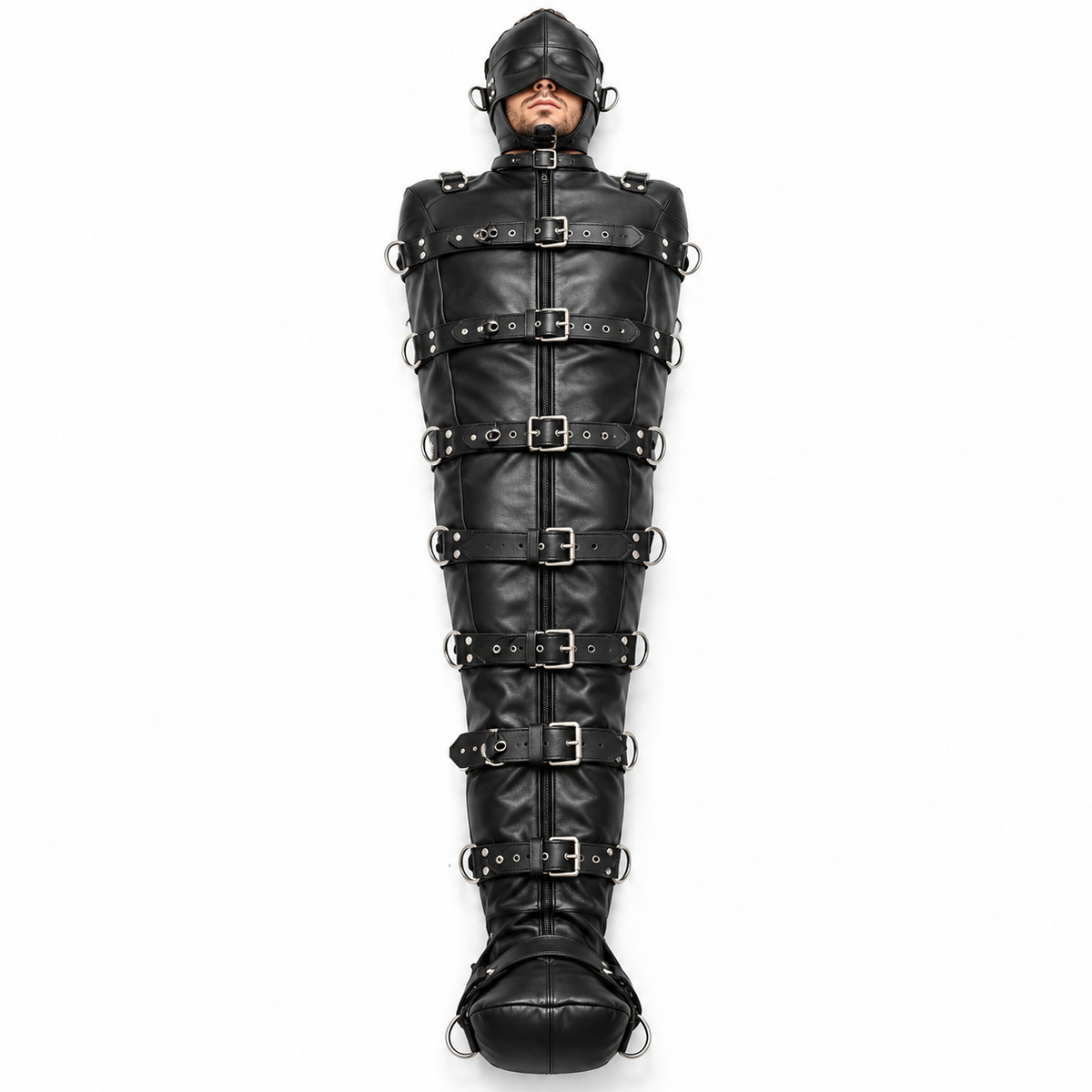 Black leather cocoon sleepsack front view with central zipper, seven body buckle straps, side D-rings and enclosed foot section, styled with a hood.