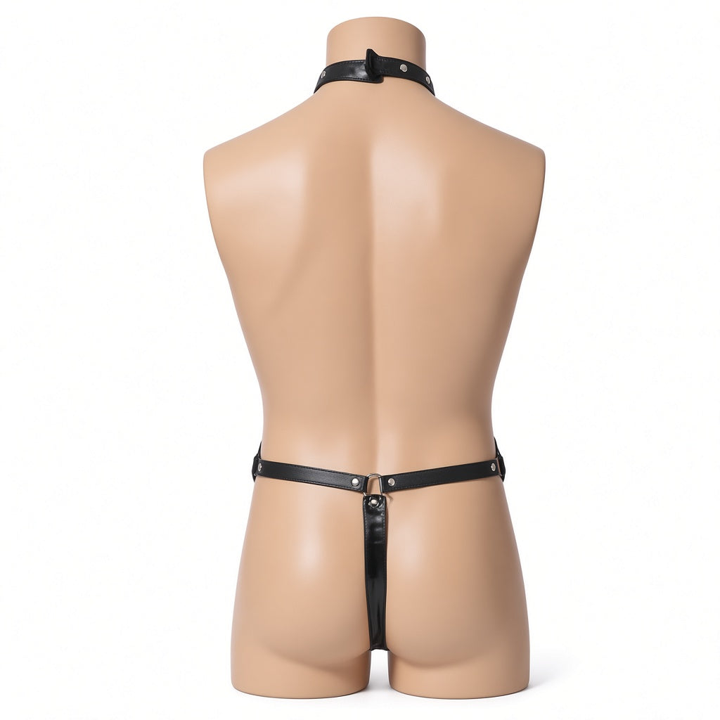 Rear view of black leather collar body harness on a mannequin showing an open back, riveted waist strap, central metal ring and narrow rear strap.