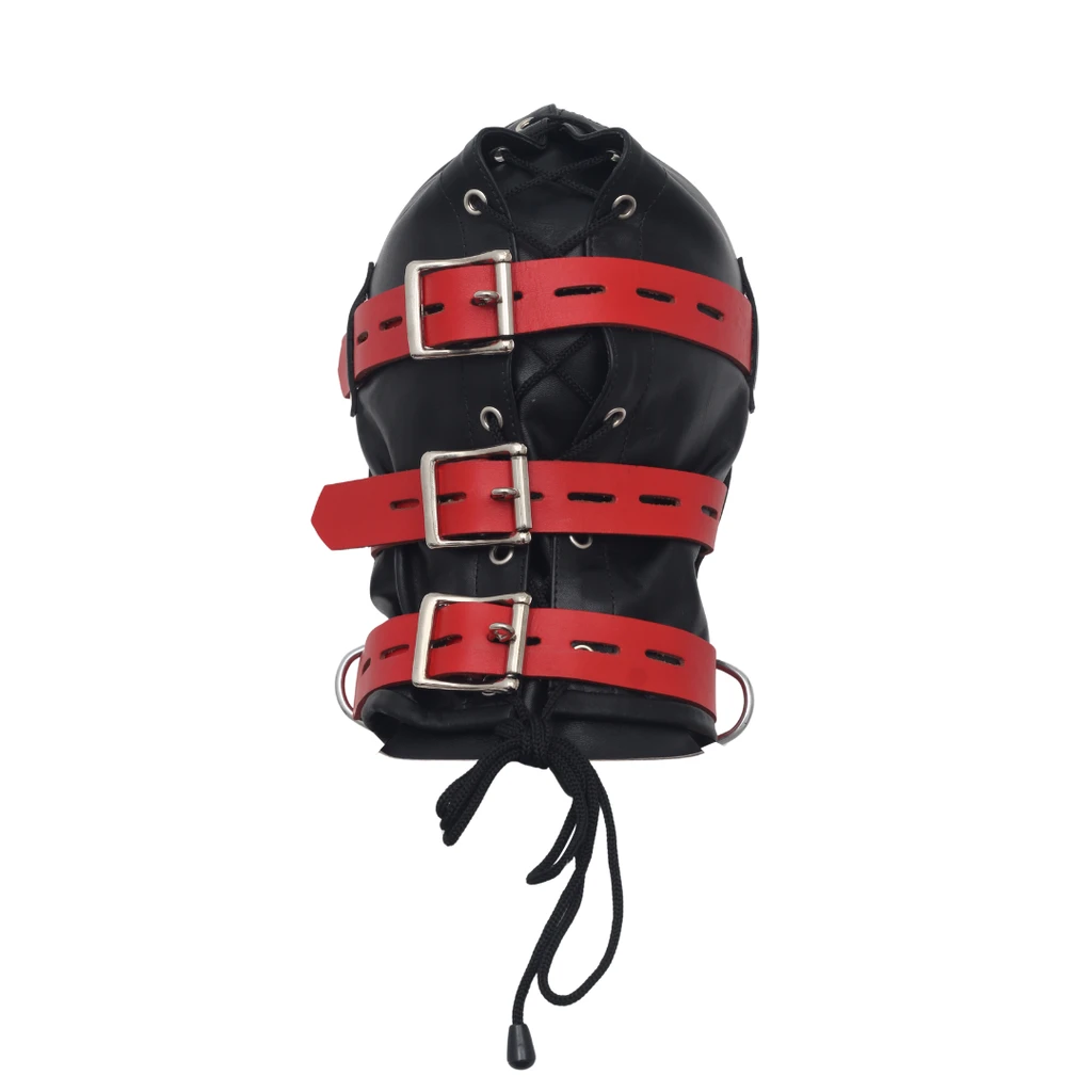 Rear view of a black leather hood with black eyelet lacing and three red adjustable straps secured with rectangular silver-tone buckles.