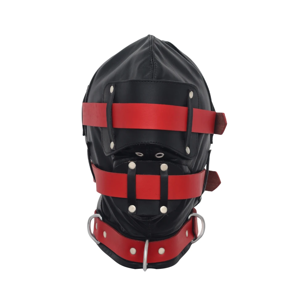 Front view of a black leather hood with red buckle straps, covered eye and mouth panels, metal-rimmed nose openings and a D-ring collar.