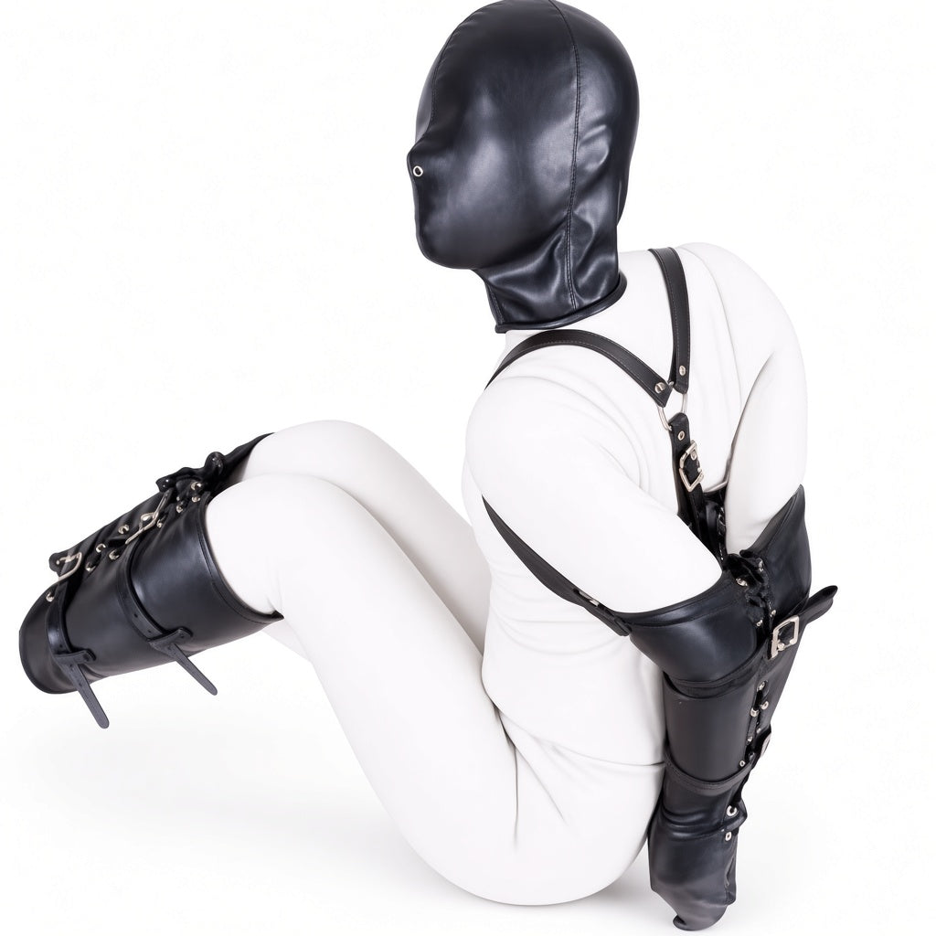 Seated mannequin wearing a black leather arm binder and shoulder harness, styled with a matching hood and separate lace-up leg accessories.