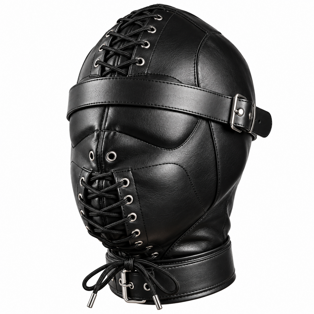 Angled view of black leather lace-up hood showing crown lacing, covered eye panels, side buckle, mouth lacing and wide neck strap.