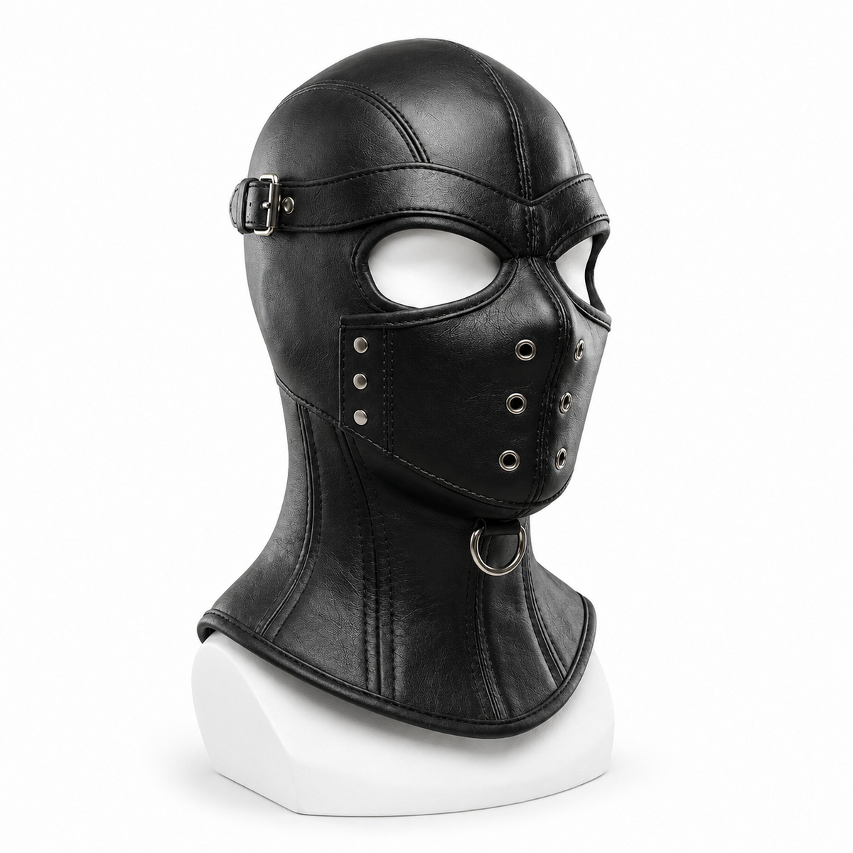 Front angled view of black leather long-neck hood with open eyes, eyelet face panel, buckle strap and a silver-tone D-ring beneath the chin.
