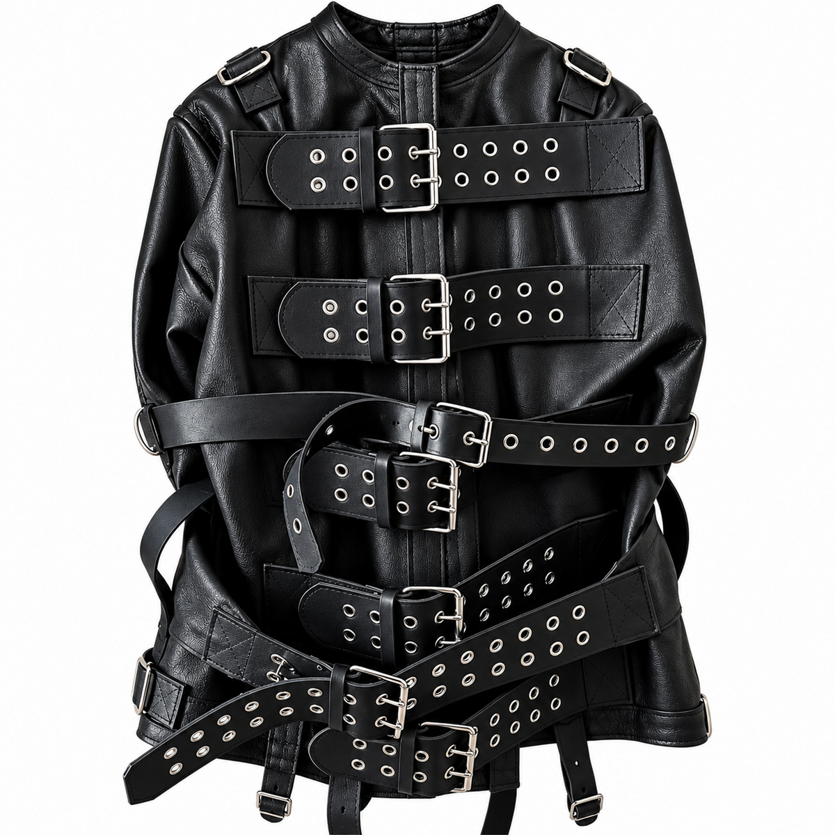 Black leather straitjacket with wide double-prong buckle belts, metal eyelets, shoulder straps and layered sleeve straps, shown from the front.