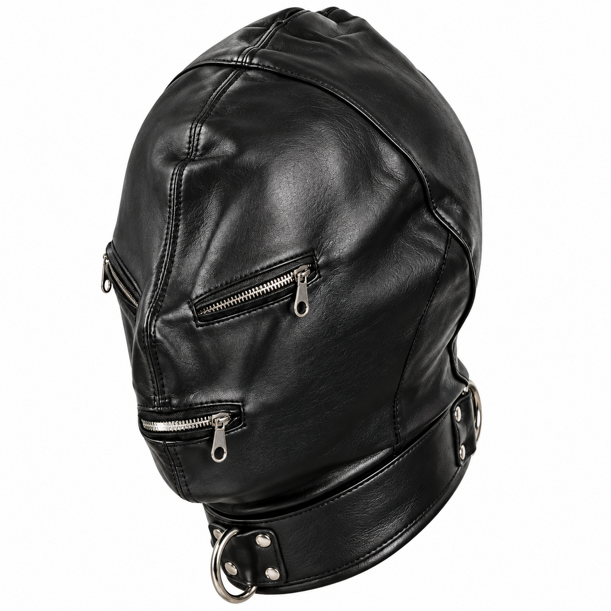 Angled front view of black leather hood with two eye zippers, a mouth zipper, shaped stitched panels and a wide silver-tone D-ring collar.