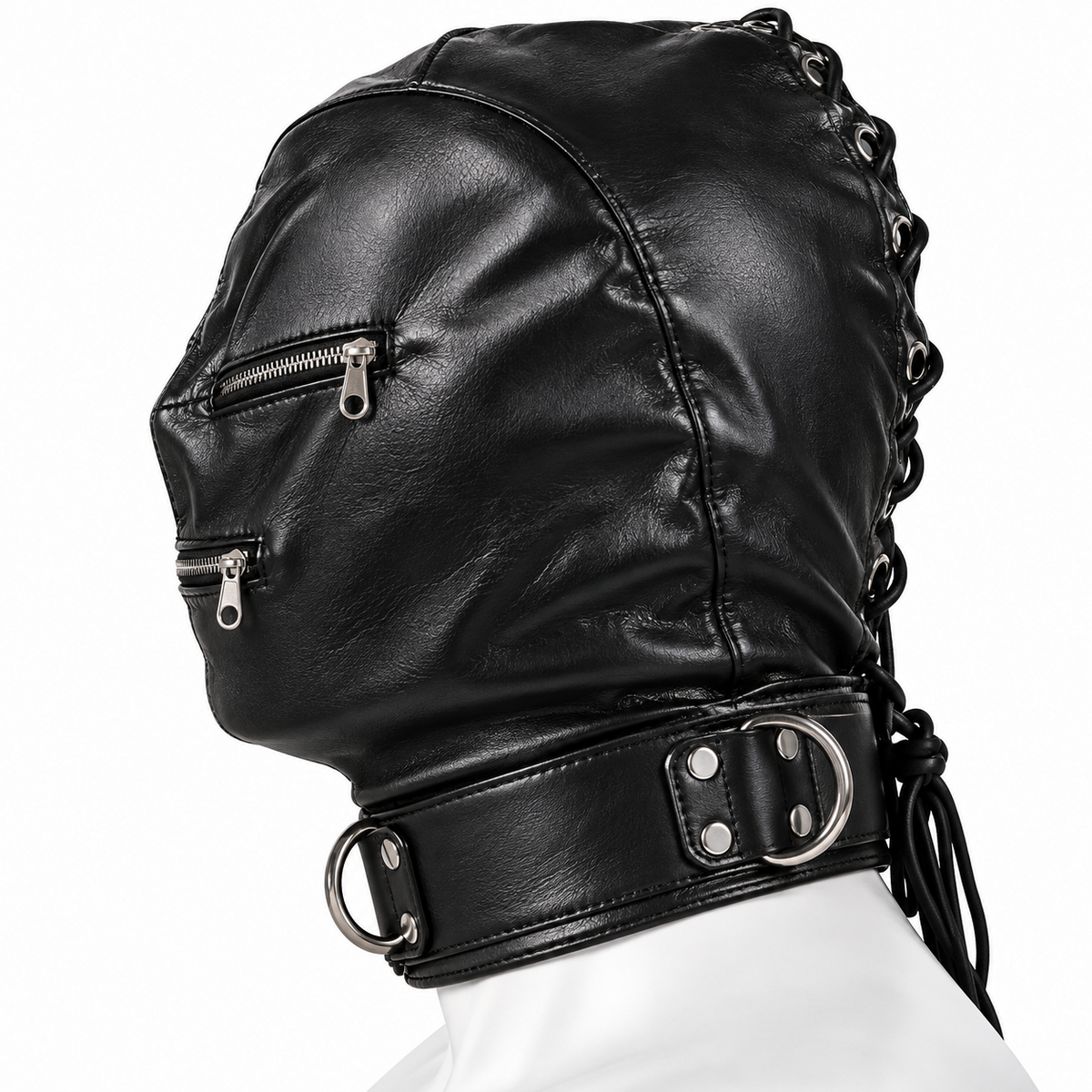 Side view of black leather triple-zip hood on a mannequin showing rear cord lacing, silver-tone collar D-rings and curved panel seams.
