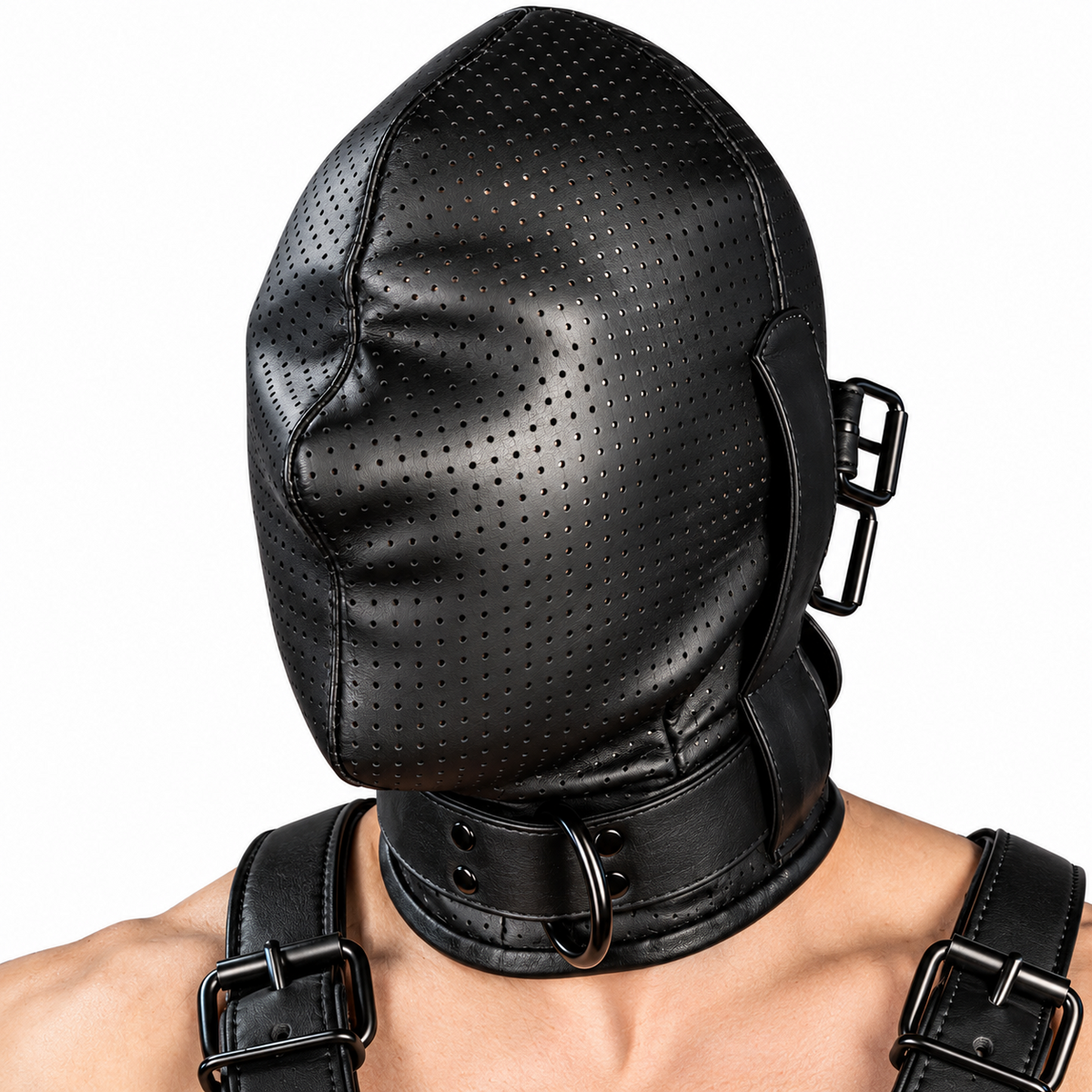 Front angled view of black perforated leather full-face hood with shaped seams, rear buckle hardware and a wide collar with dark metal ring.