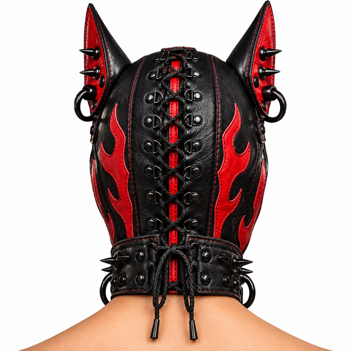 Rear view of black and red flame leather pup hood showing central lace-up fastening, red stitching, pointed ears and spiked neck panels.