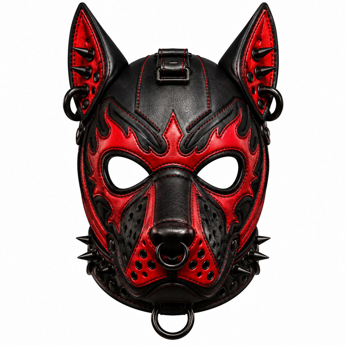 Front view of black and red flame leather pup hood with pointed ears, black spikes, open eye cutouts, perforated muzzle and metal rings.