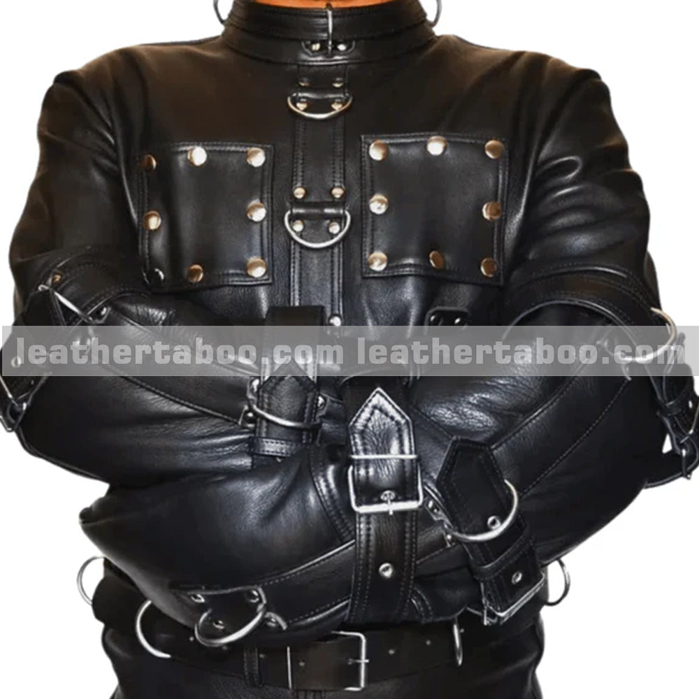 Black Leather Biker Restraint Suit with Buckles leathertaboo.com