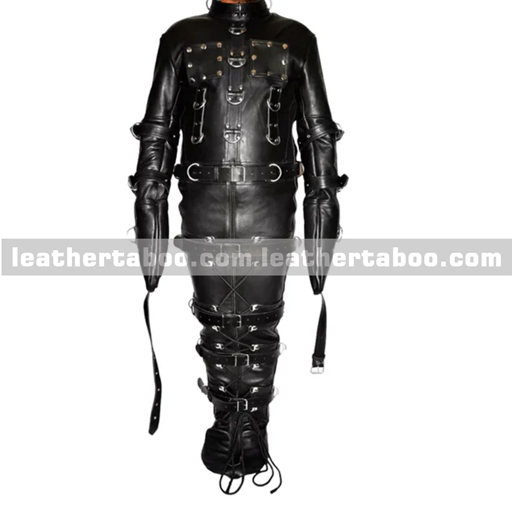 Rugged black leather suit with detailed buckle system offering adjustable fit and bold statement for solo riders