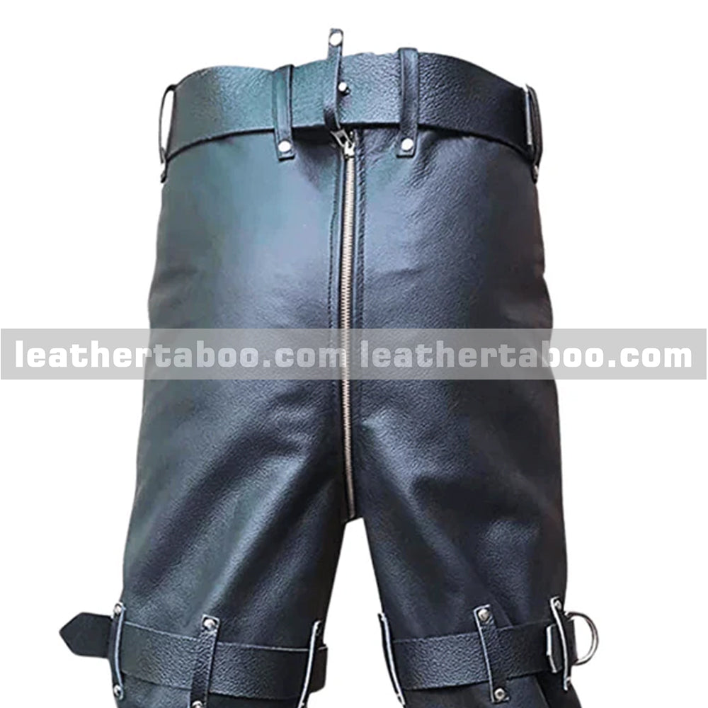 Handmade black leather trousers featuring metal buckle strap details and outer leg zipper on fitted cut punk style pants