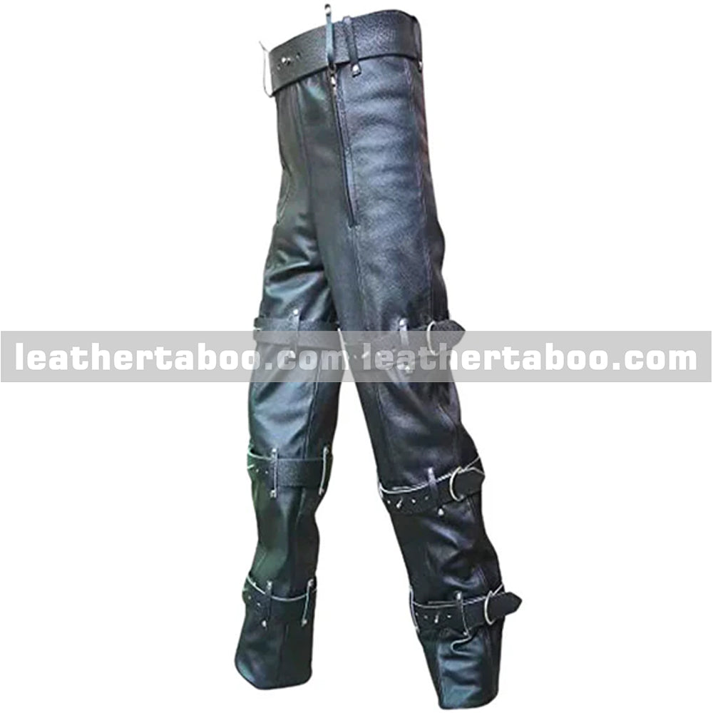 Close-up of black leather pants buckle strap hardware and belt closure showing quality metal rivets and punk aesthetic design