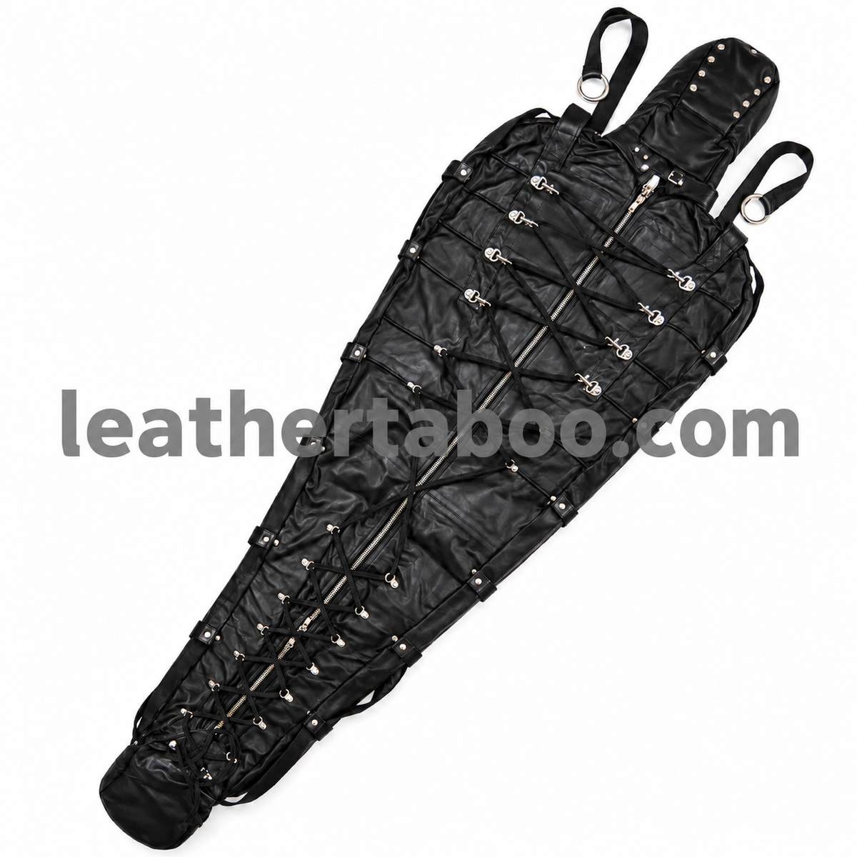 Black genuine leather sleep sack with front zipper, cross-lacing, metal hardware, and an attached hood.