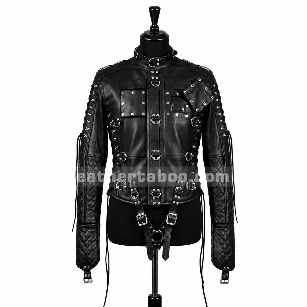 Front view of a black quilted genuine leather jacket on a display form, featuring a high collar, gothic buckles, riveted pockets and quilted sleeves.