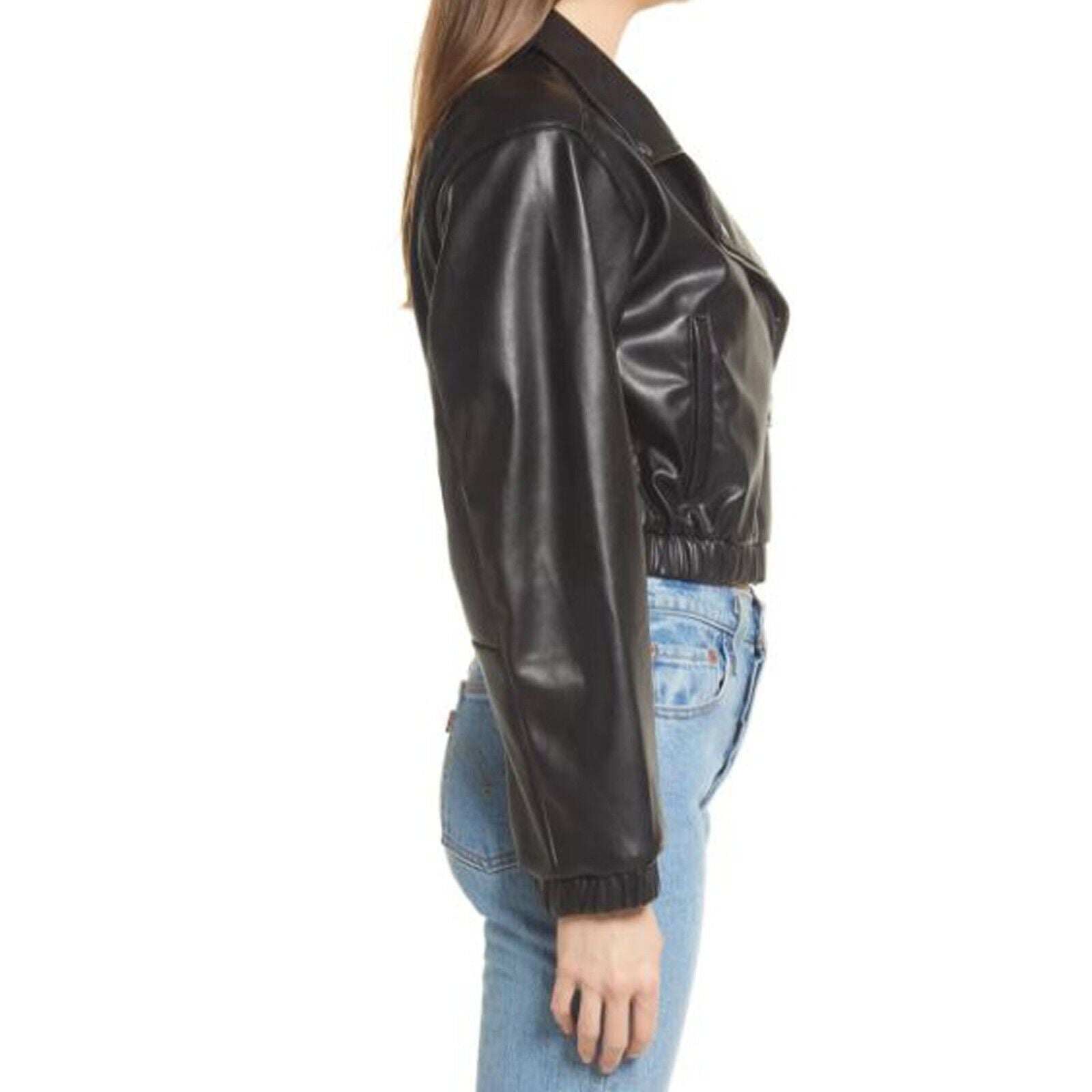 Black cropped leather biker jacket men outdoor streetwear style