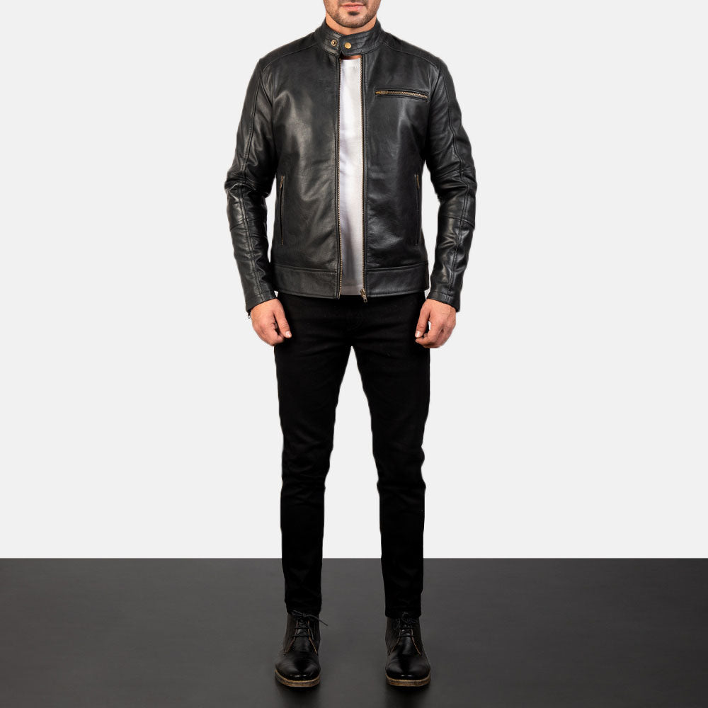 Black leather biker jacket front view Leather Taboo men style