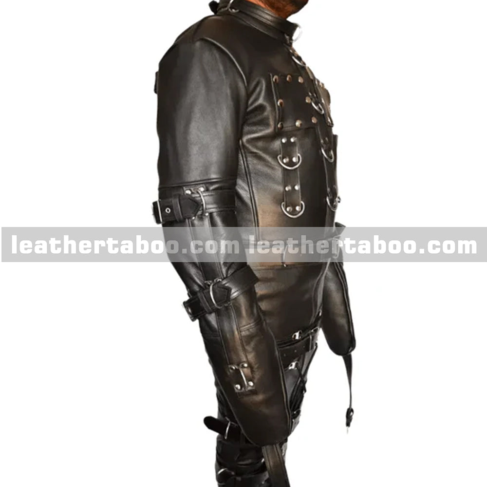 Black leather biker suit with multiple buckles and straps designed for rugged riders seeking bold style