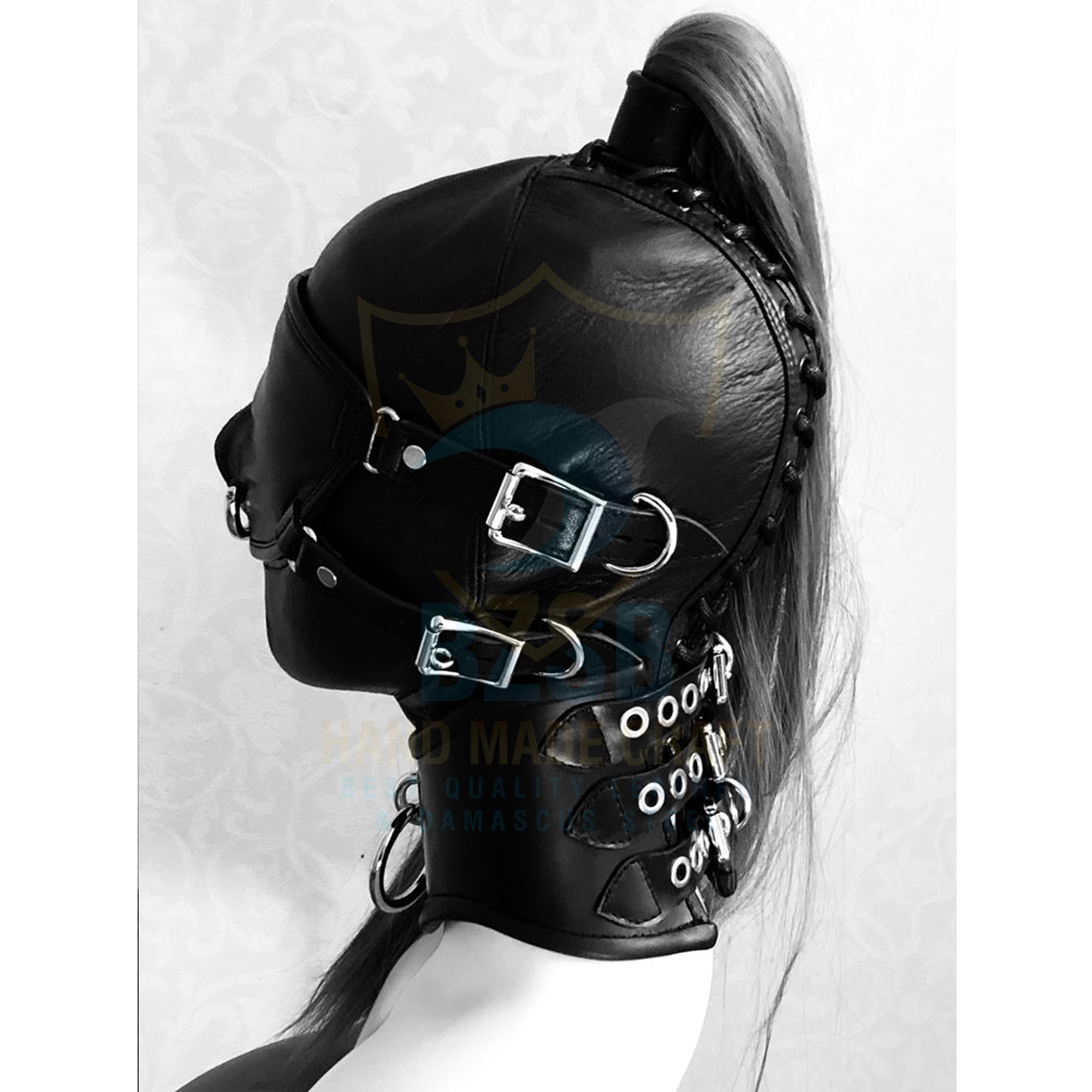 Black leather hood mask with integrated collar