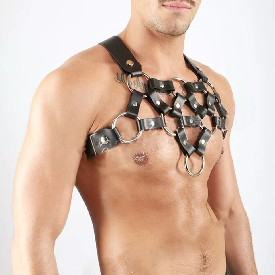 Black men leather chest harness cosplay fashion body straps