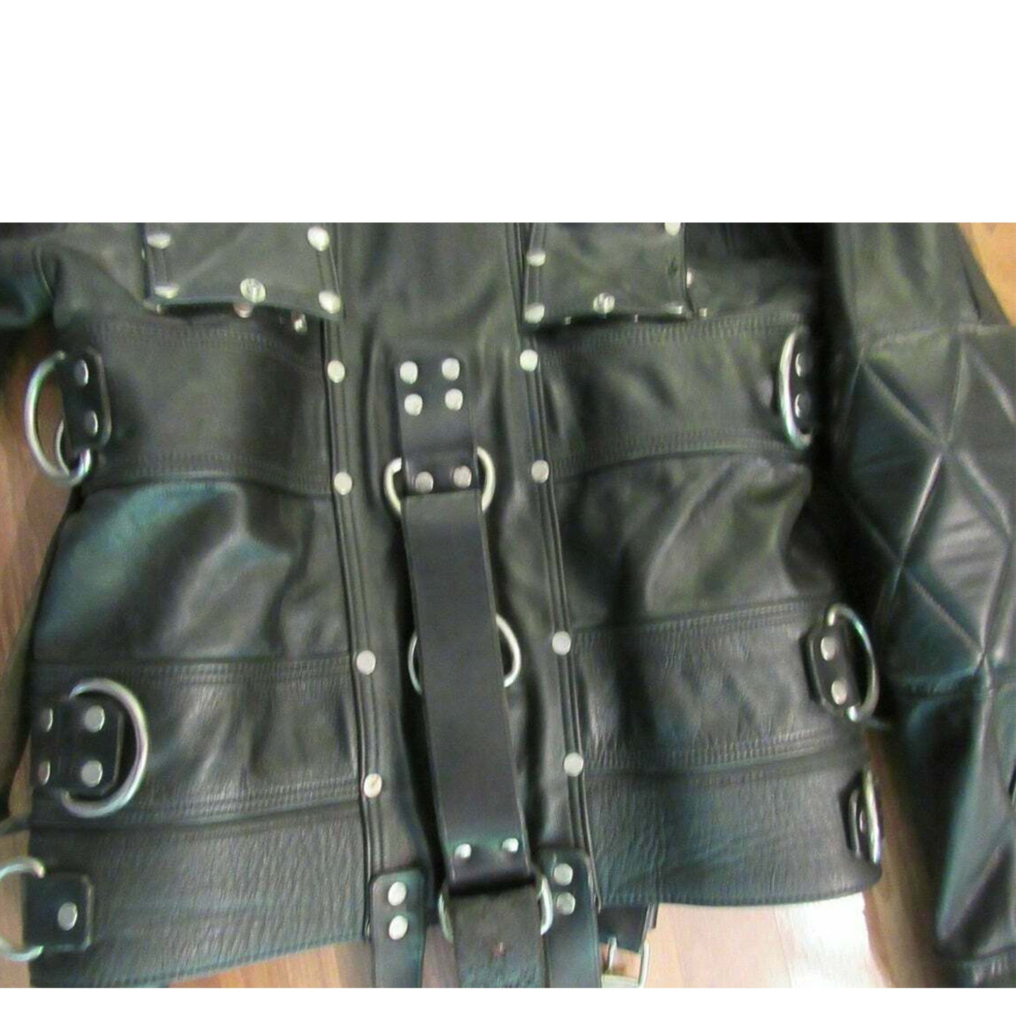 Black padded leather costume jacket adjustable strap design
