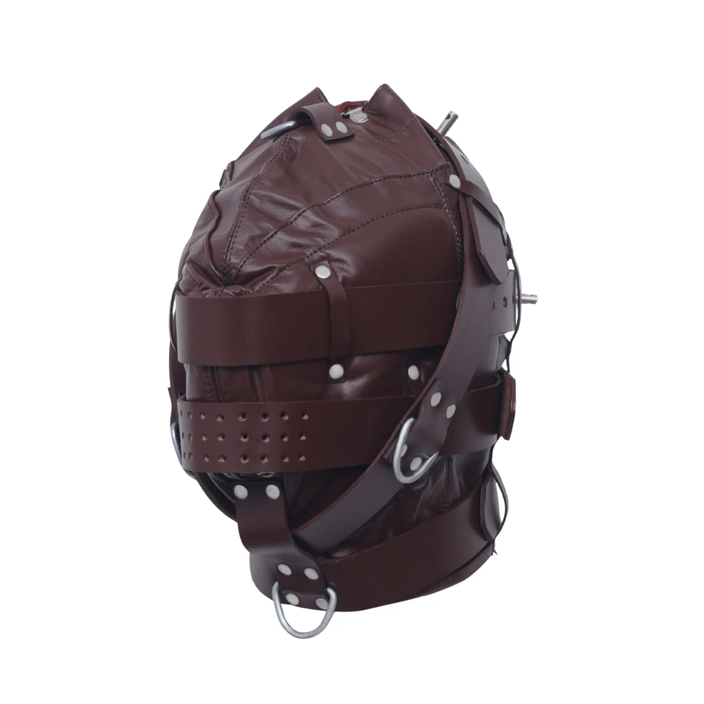 Angled product view of a brown leather hood with layered face bands, a perforated lower strap, chin ring and silver-tone side hardware.