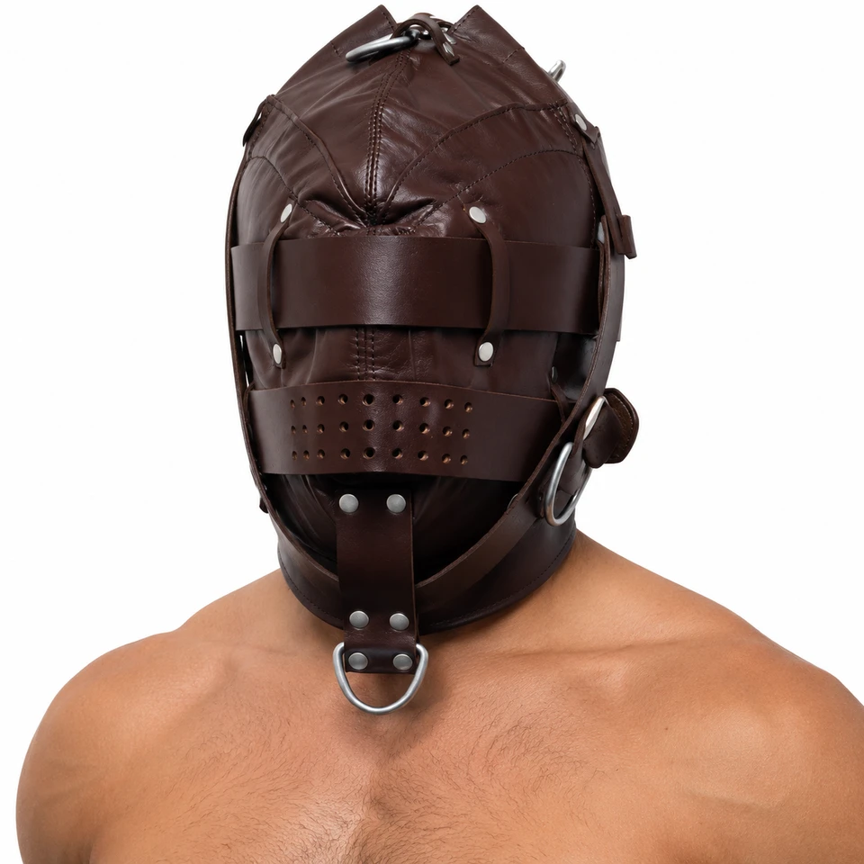 Front view of a brown leather hood with a broad eye band, perforated lower face band, layered adjustable straps and silver-tone metal rings.