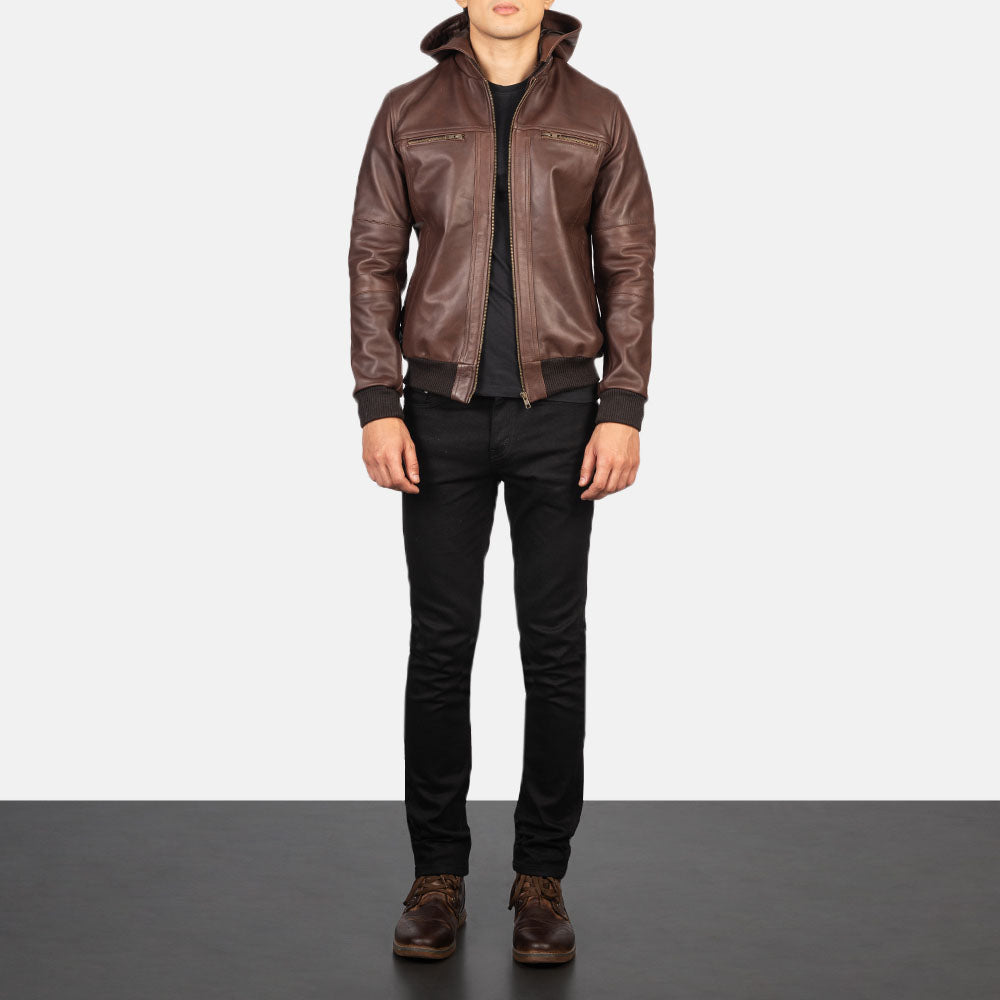Brown leather bomber jacket front view Leather Taboo men