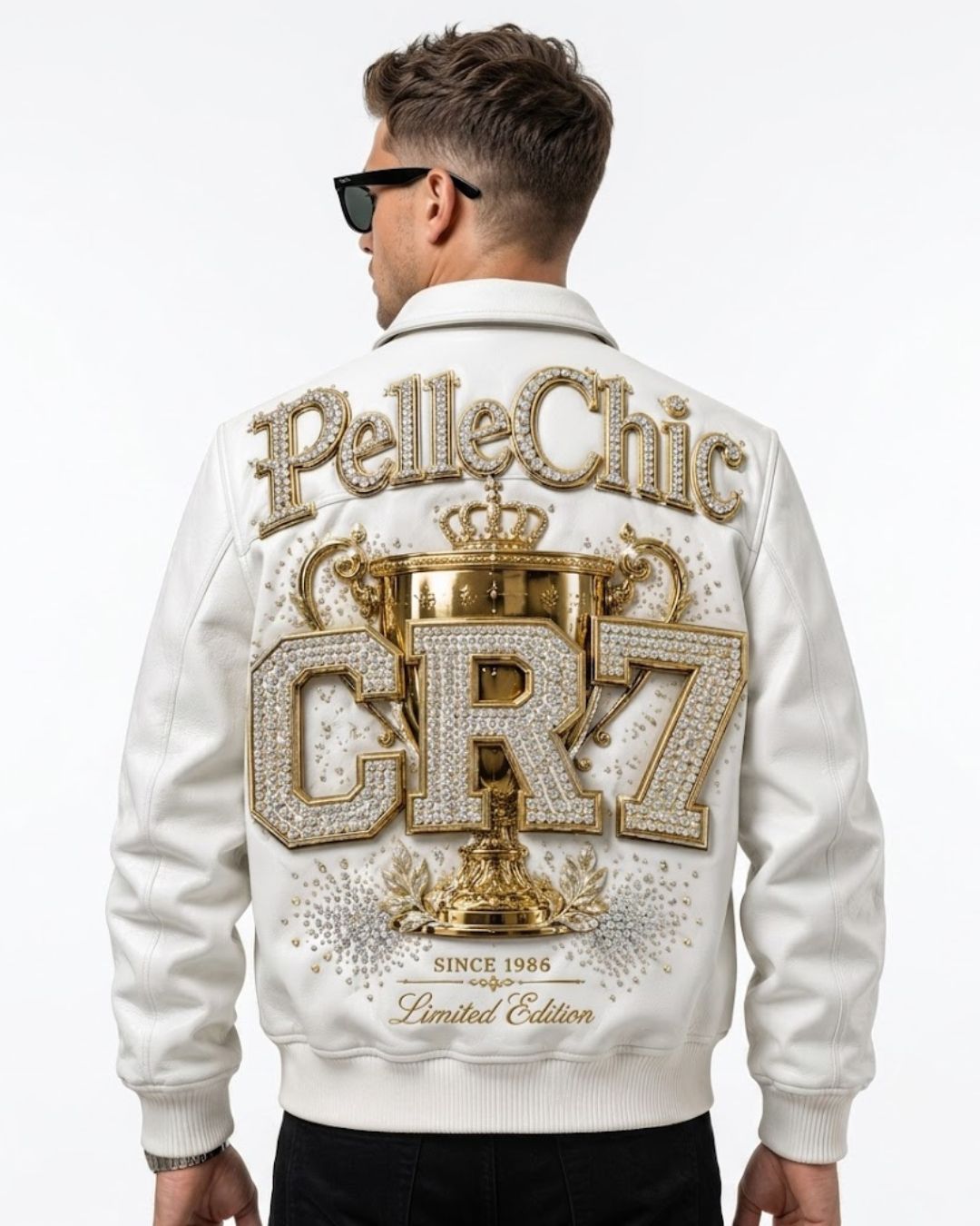 White genuine leather bomber jacket with CR7 crest, crown design, gold zipper, and luxury streetwear style