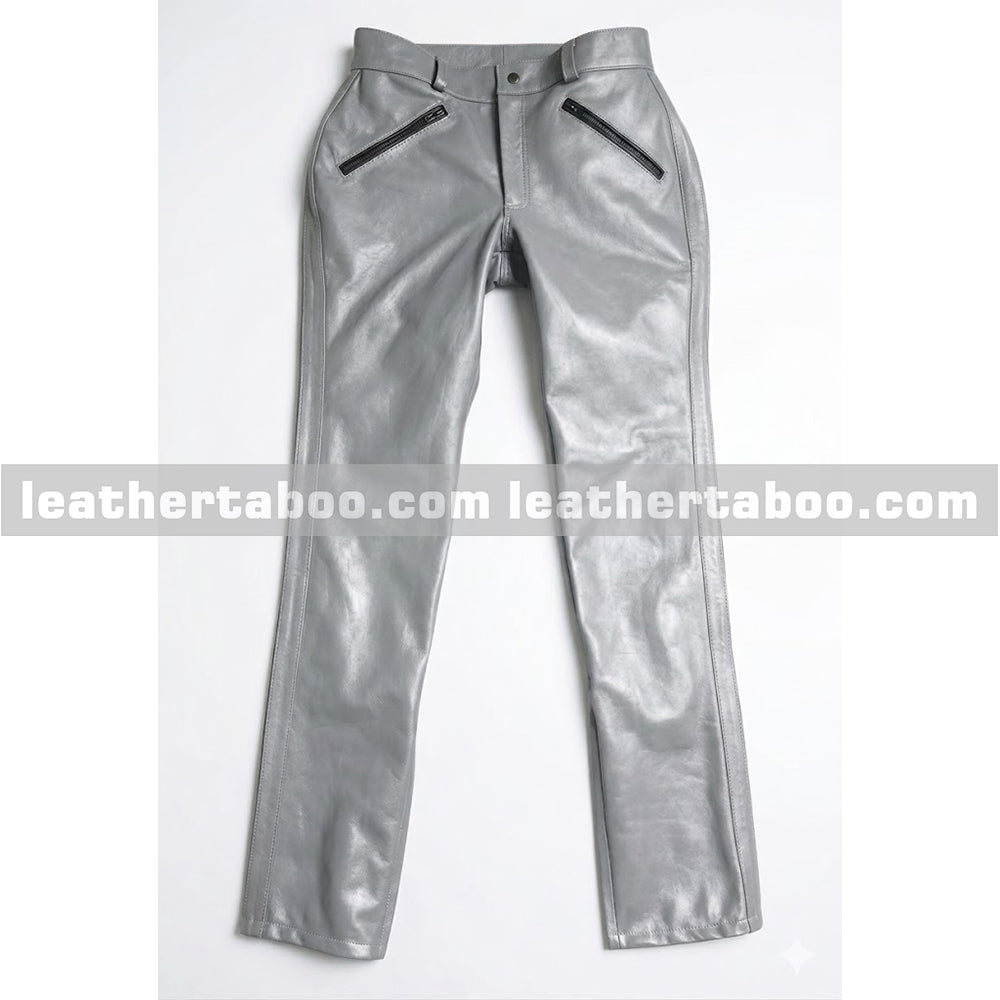 Close-up of grey leather biker shirt highlighting button closure, chest pockets, and fine stitching details