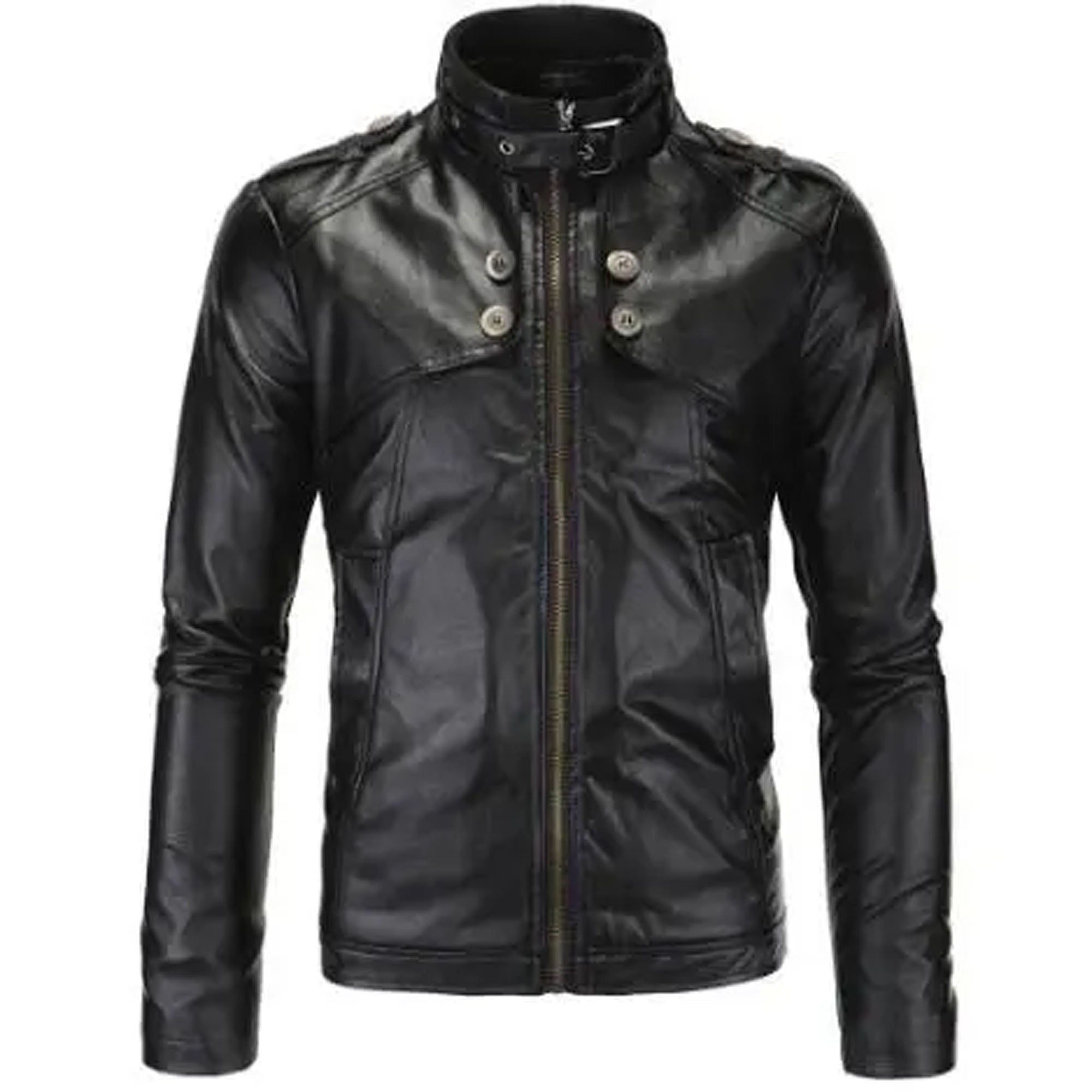 Close up leather jacket zipper stitching detail black view