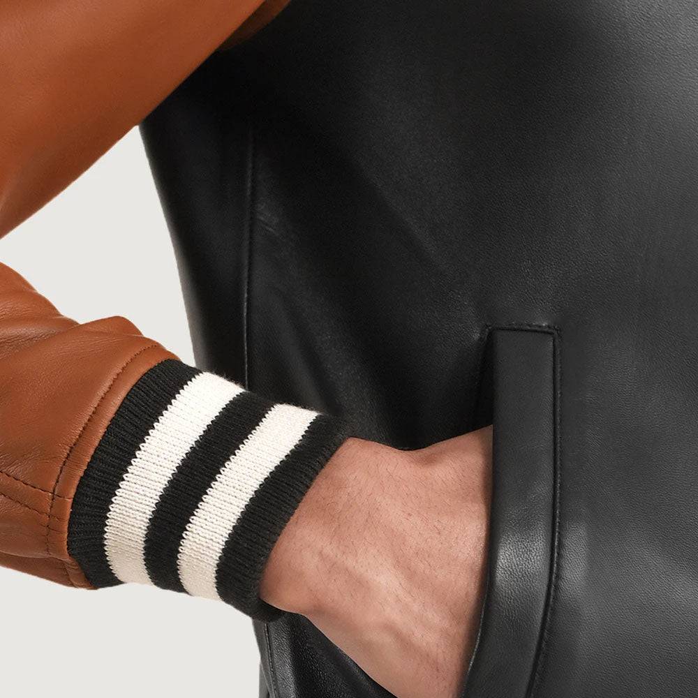 Close up leather varsity jacket ribbed cuff detail shot