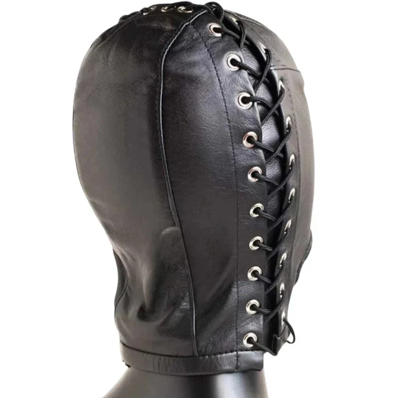 Rear view of black leather open-mouth hood on a mannequin showing crossed black cord lacing, silver-tone eyelets and stitched crown panels.